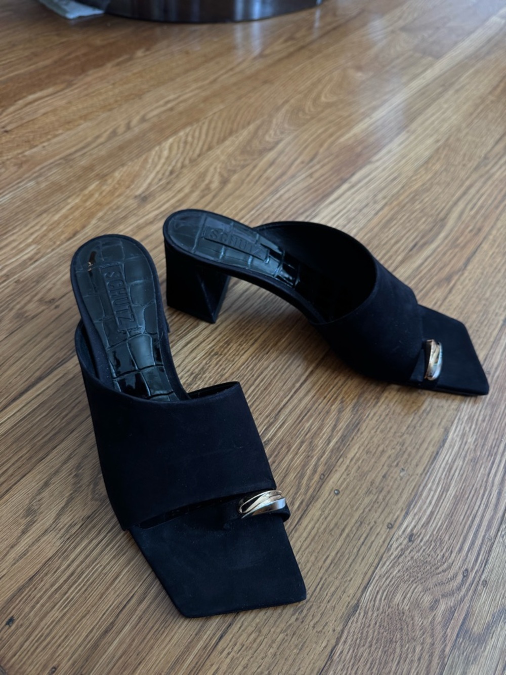 SCHUTZ Black Suede Square-Toe Mule Sandals w/ Gold and Silver Accent - Like New